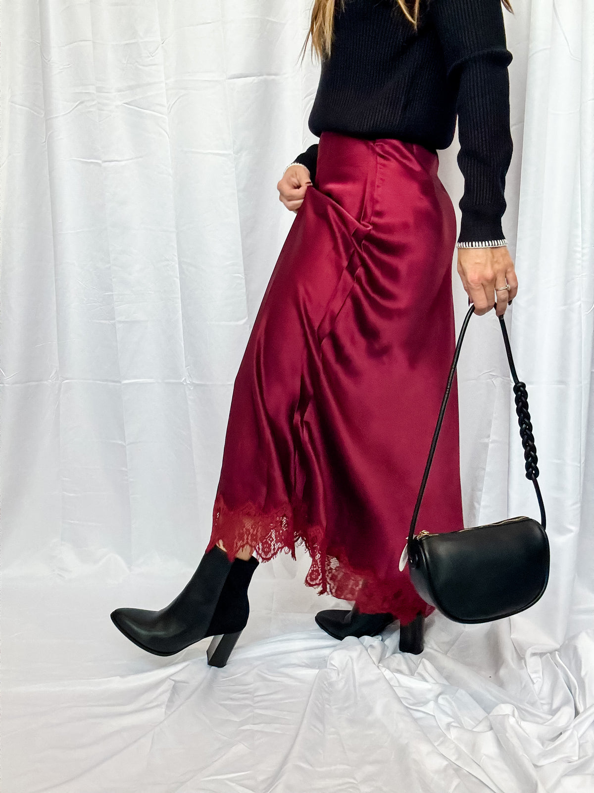 Wine Satin Lace Maxi Skirt