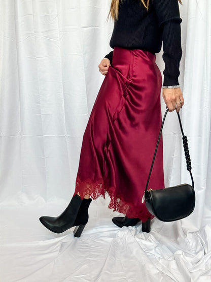 Wine Satin Lace Maxi Skirt