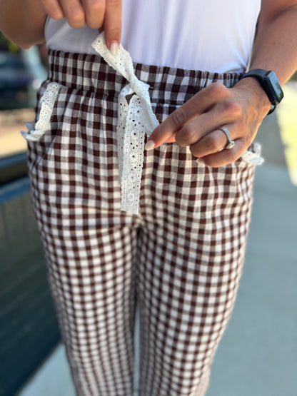 Brown Gingham Lace Ruffle Pants