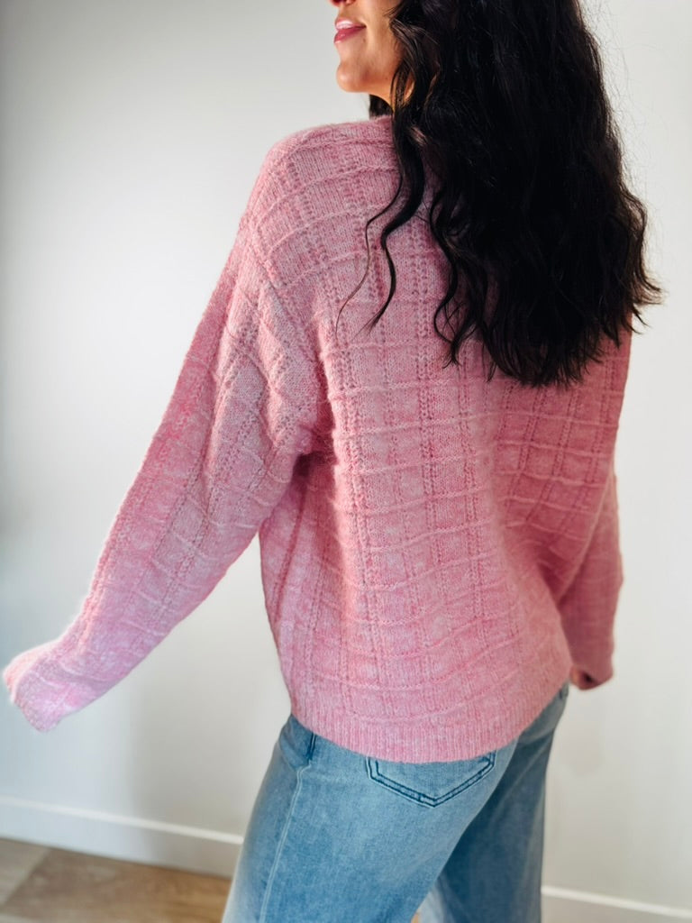 Pink Grid Textured Sweater