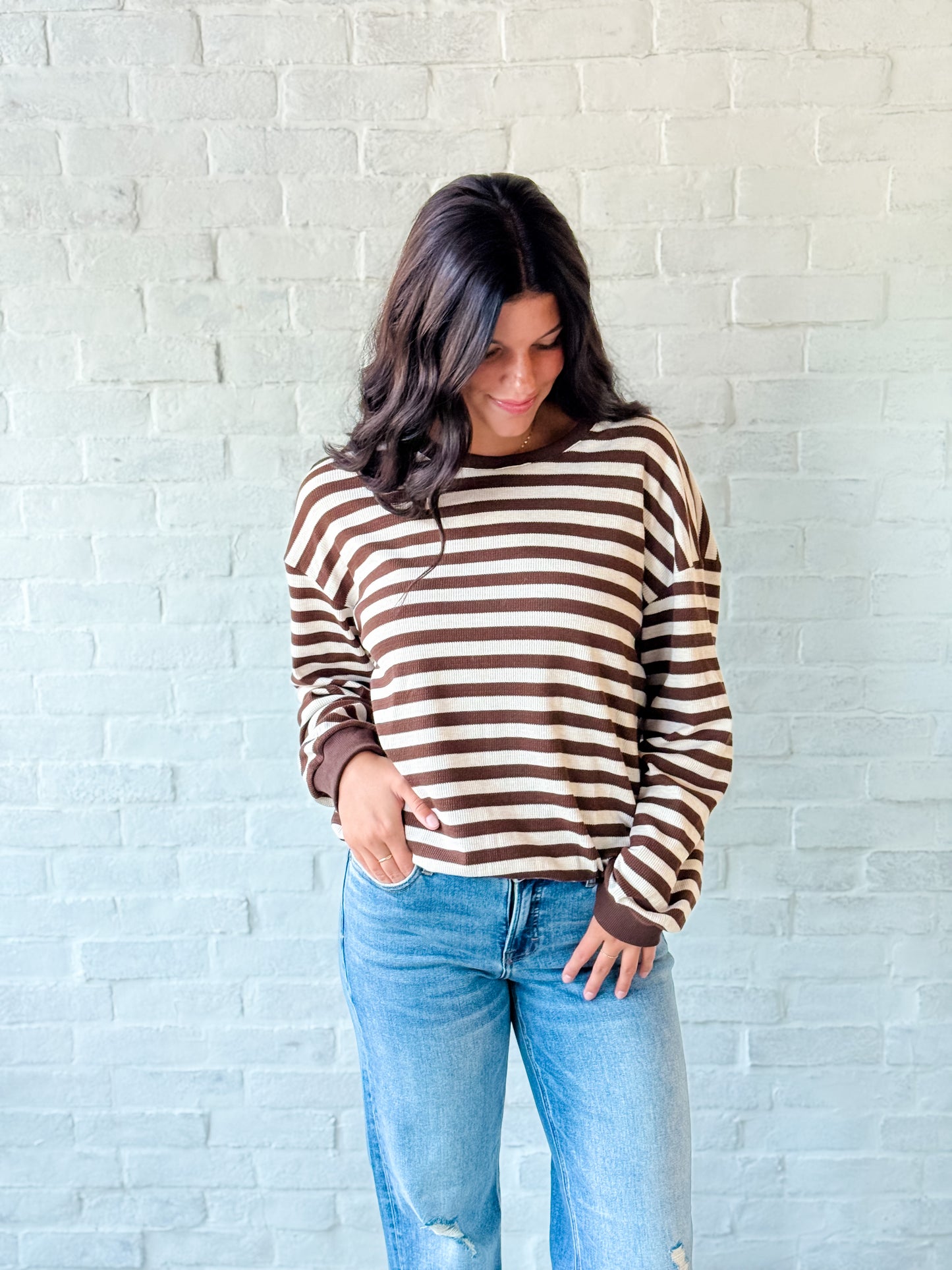 Brown + Tan Stripe Basic LS Top