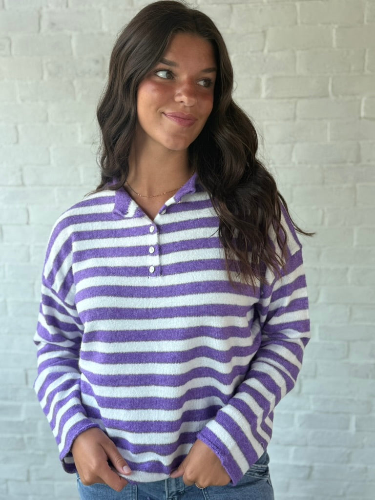 Purple Stripe Button Down Sweater Top