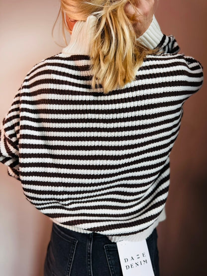 Brown Half Zip Stripe Sweater