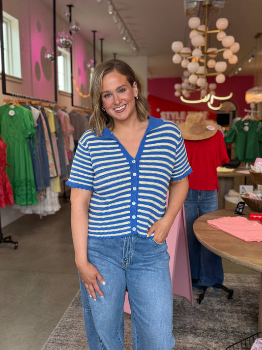 Blue + White Collarred Knit Top