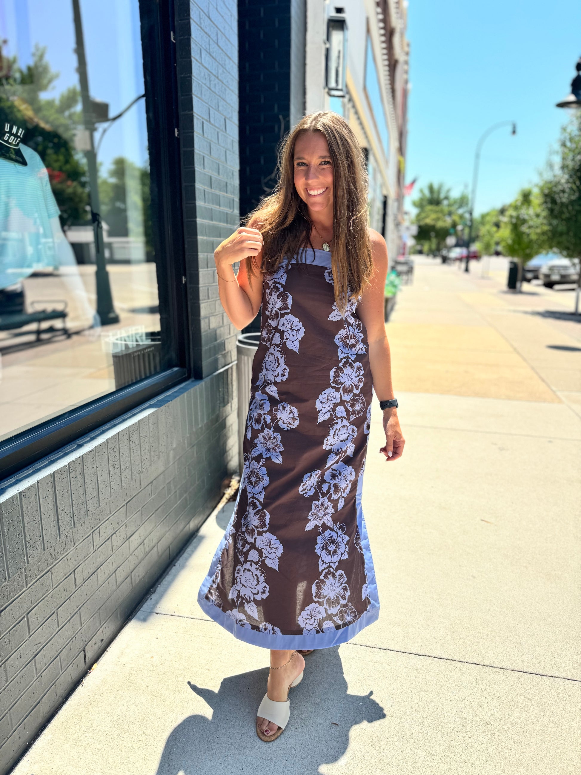 Brown + Blue Cami Floral Midi Dress Large