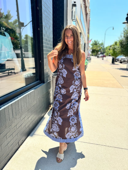 Brown + Blue Cami Floral Midi Dress