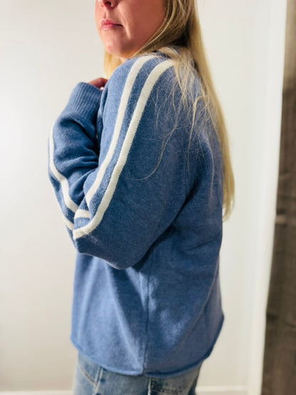 Blue + Cream Varsity Half Zip Pullover