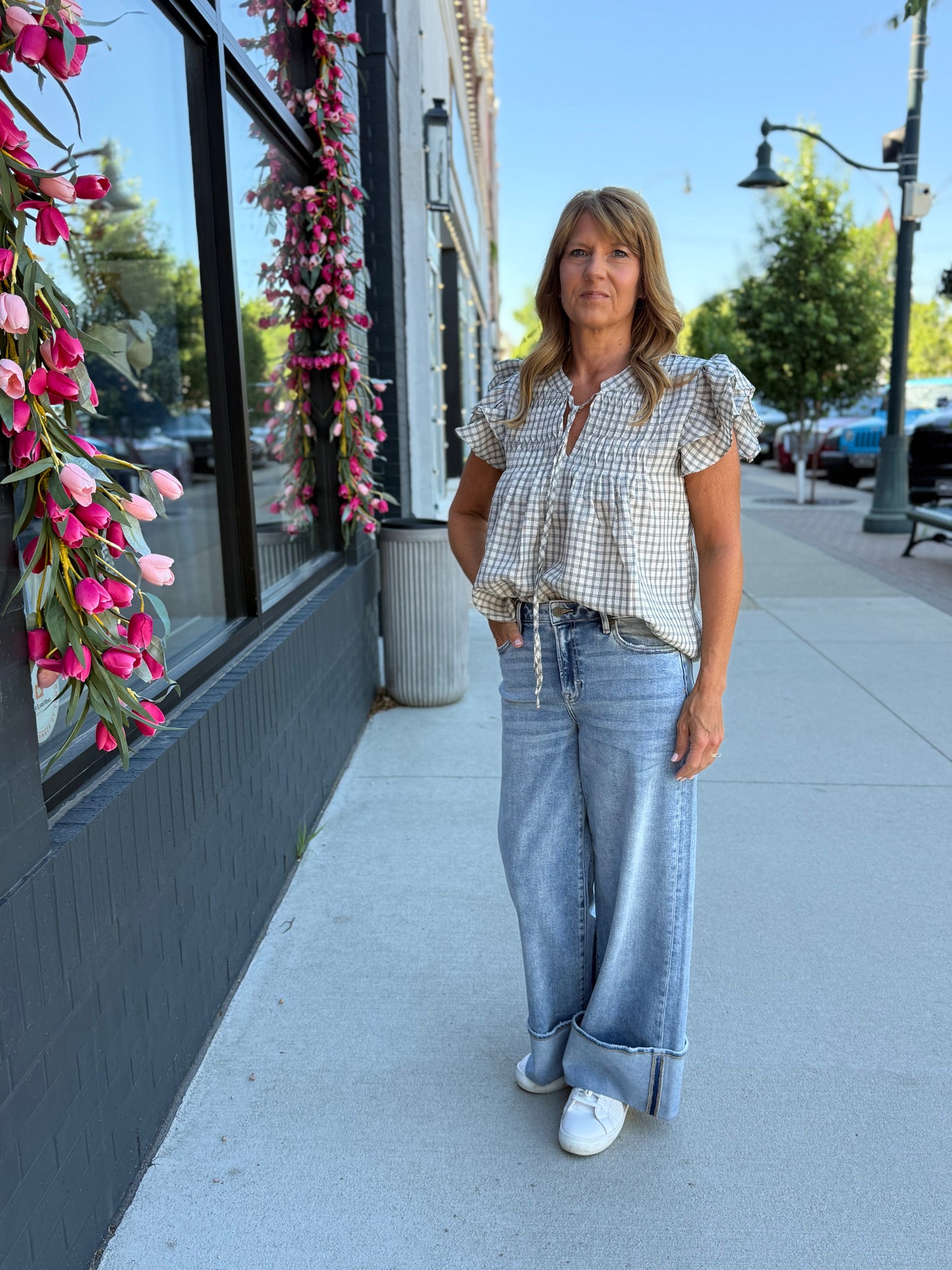 Taupe Gingham Ruffle Blouse