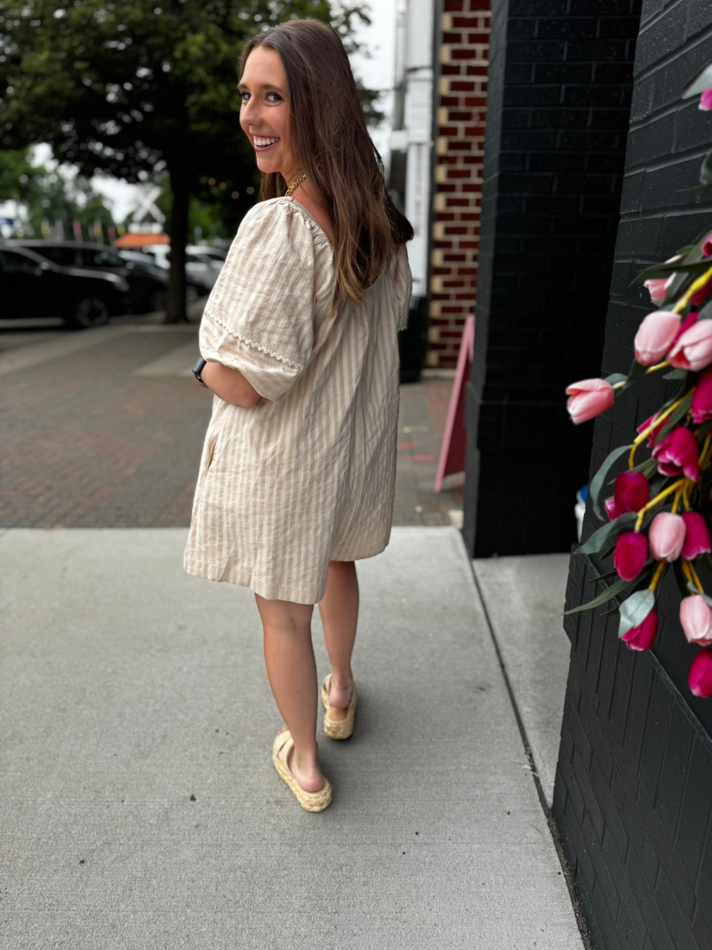 Taupe Stripe Flowy Romper