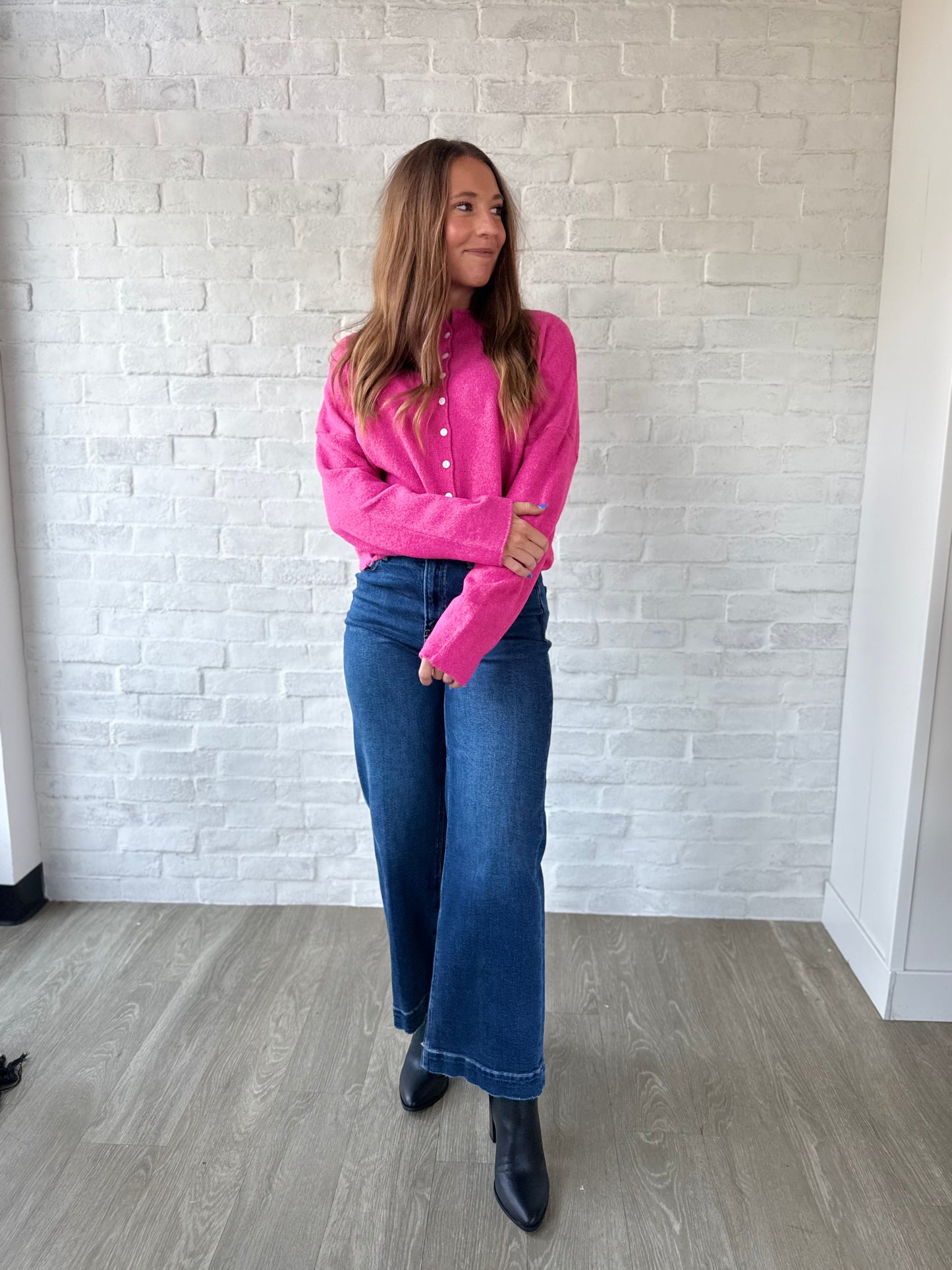 Hot Pink Button Cardigan Sweater