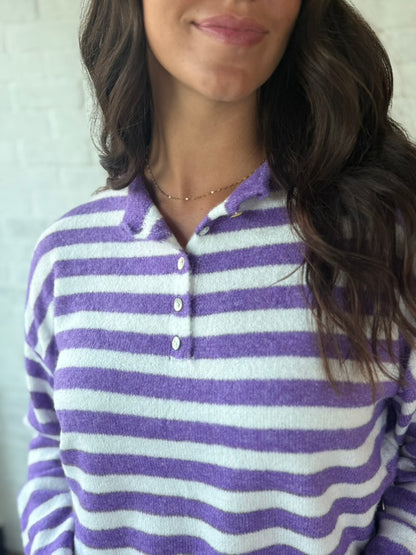 Purple Stripe Button Down Sweater Top