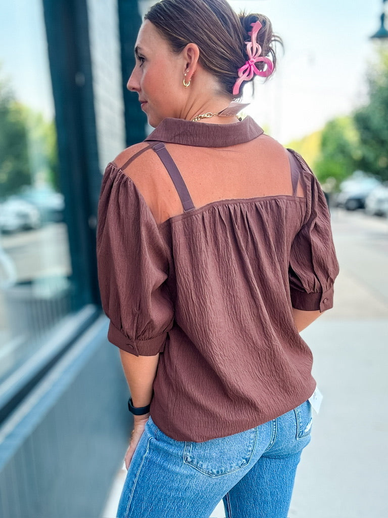 Brown Sheer Shoulder Blouse