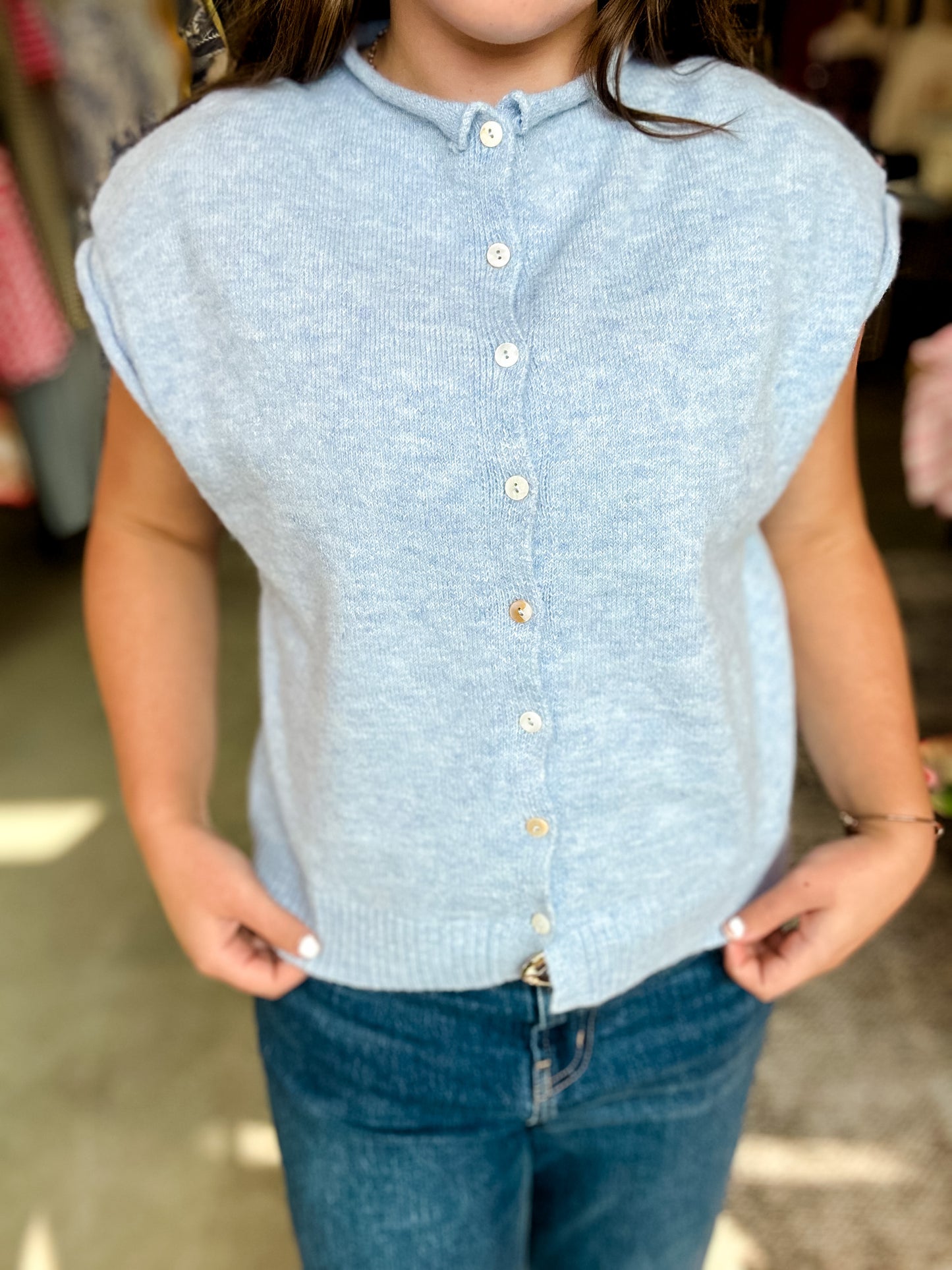 Blue Cap Sleeve Button Top