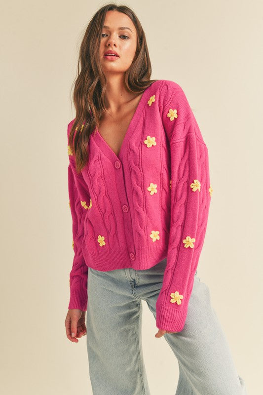 Pink Flower Cardigan Sweater