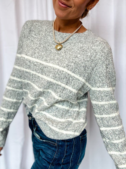 Gray + White Stripe Round Neck Sweater