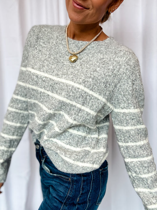 Gray + White Stripe Round Neck Sweater