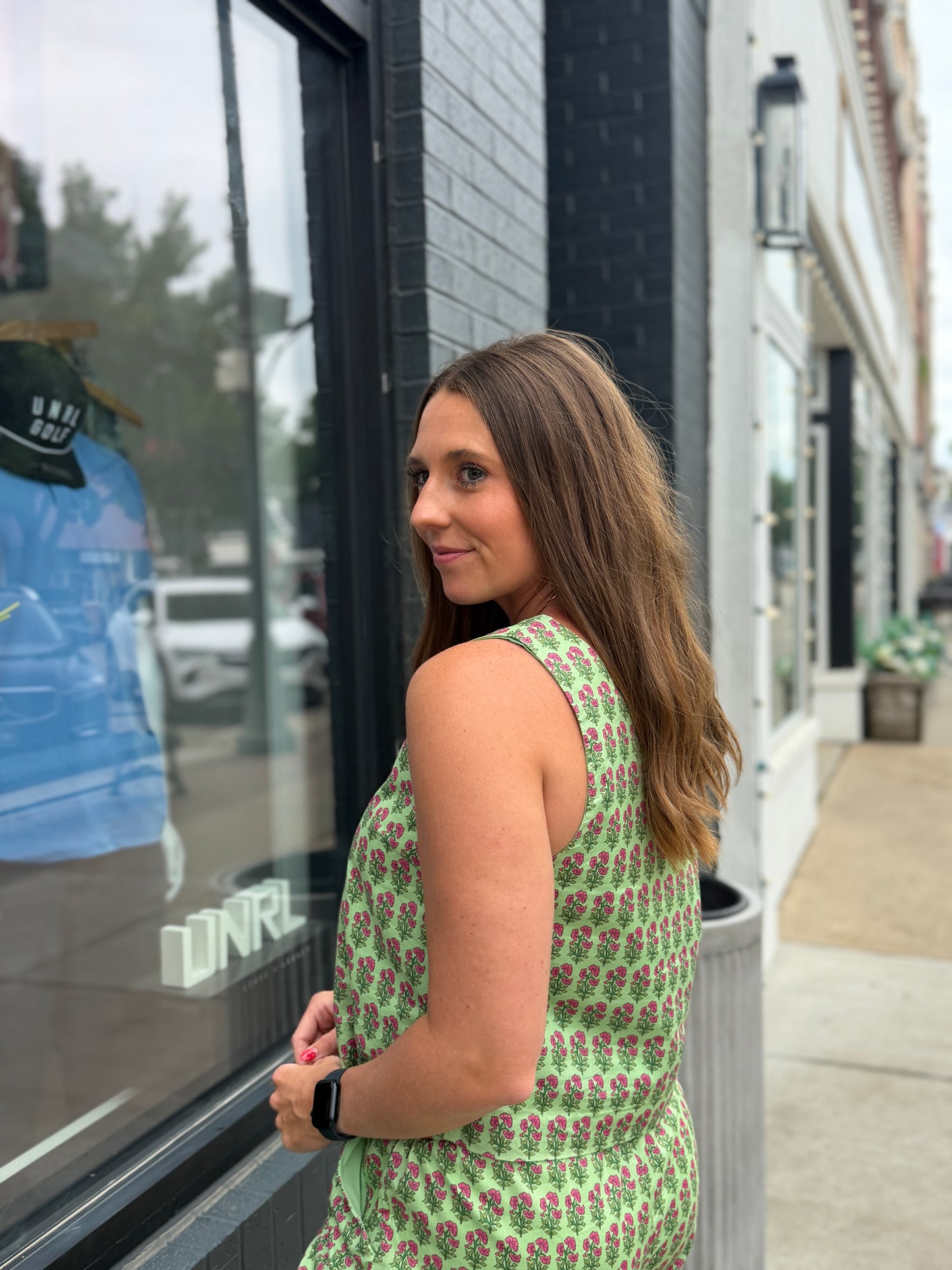 Green Botanical Print Tank Top Blouse