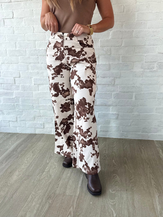Cow Print Twill Pants