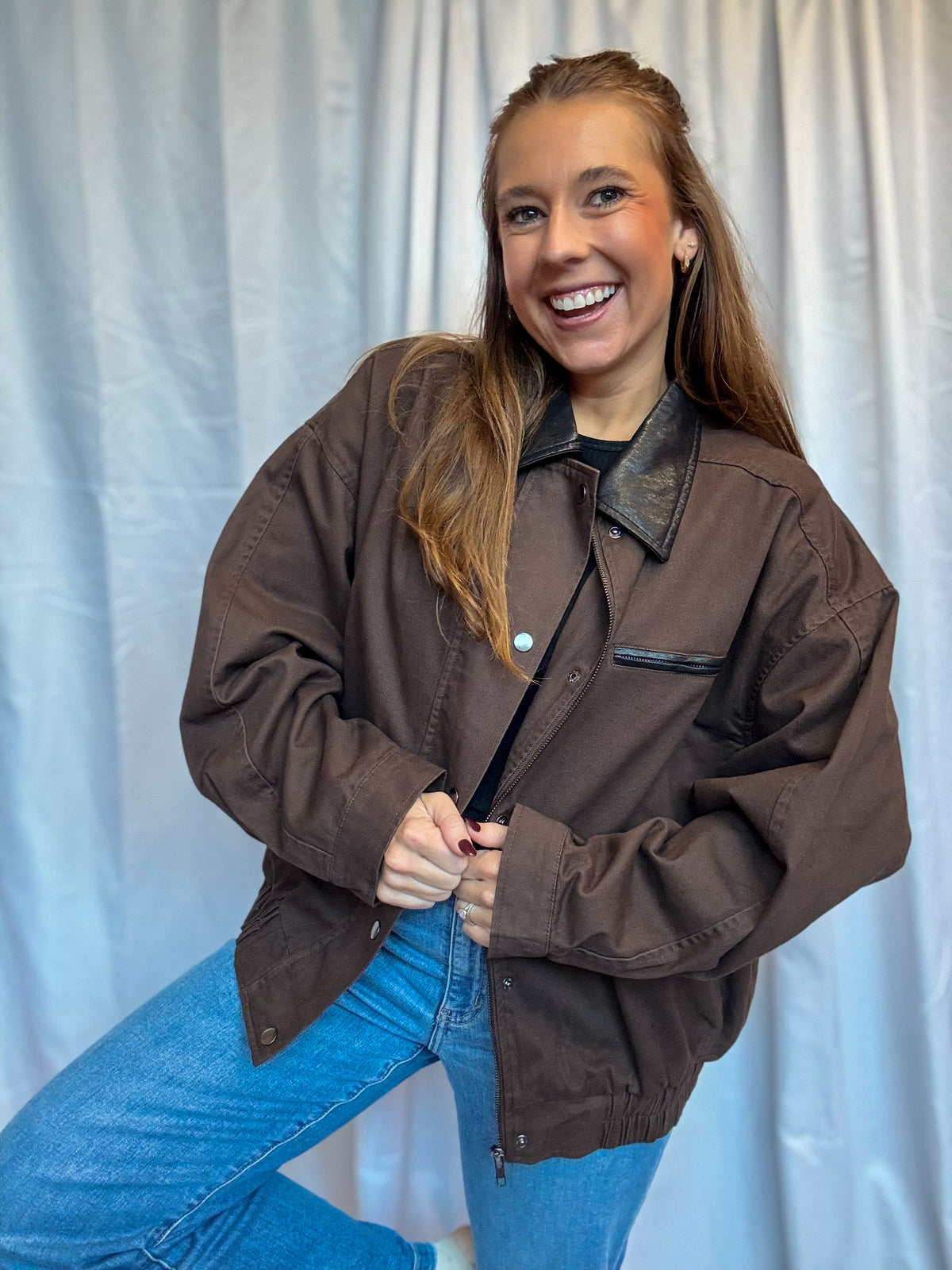 Brown Leather Collar Zip Jacket