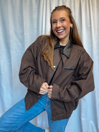 Brown Leather Collar Zip Jacket