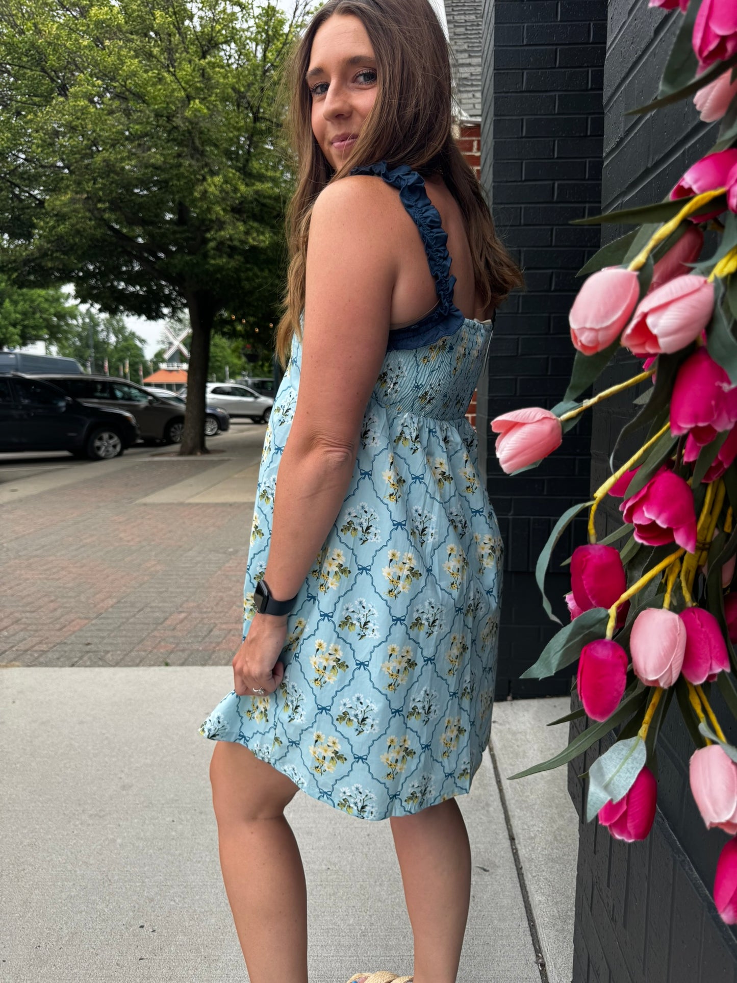 Blue Floral Ruffle Mini Dress