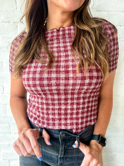 Burgundy Gingham Textured Top