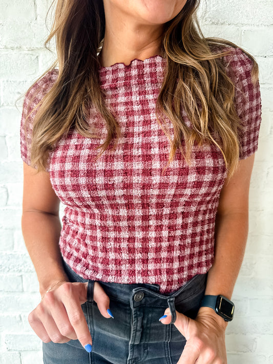 Burgundy Gingham Textured Top