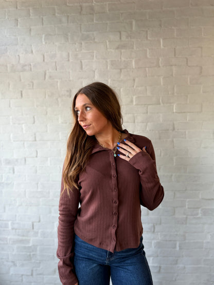 Espresso Pointelle Collar Button Top