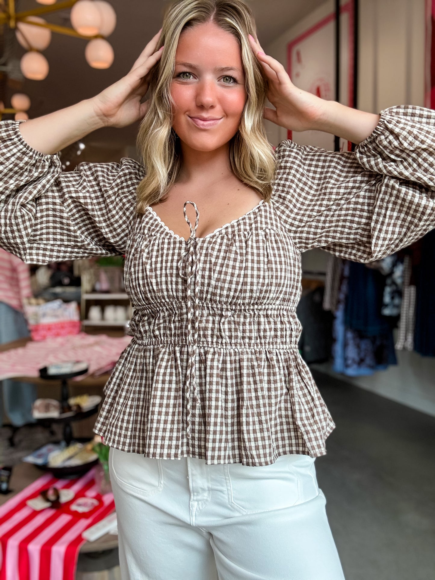 Chestnut Gingham LS Blouse