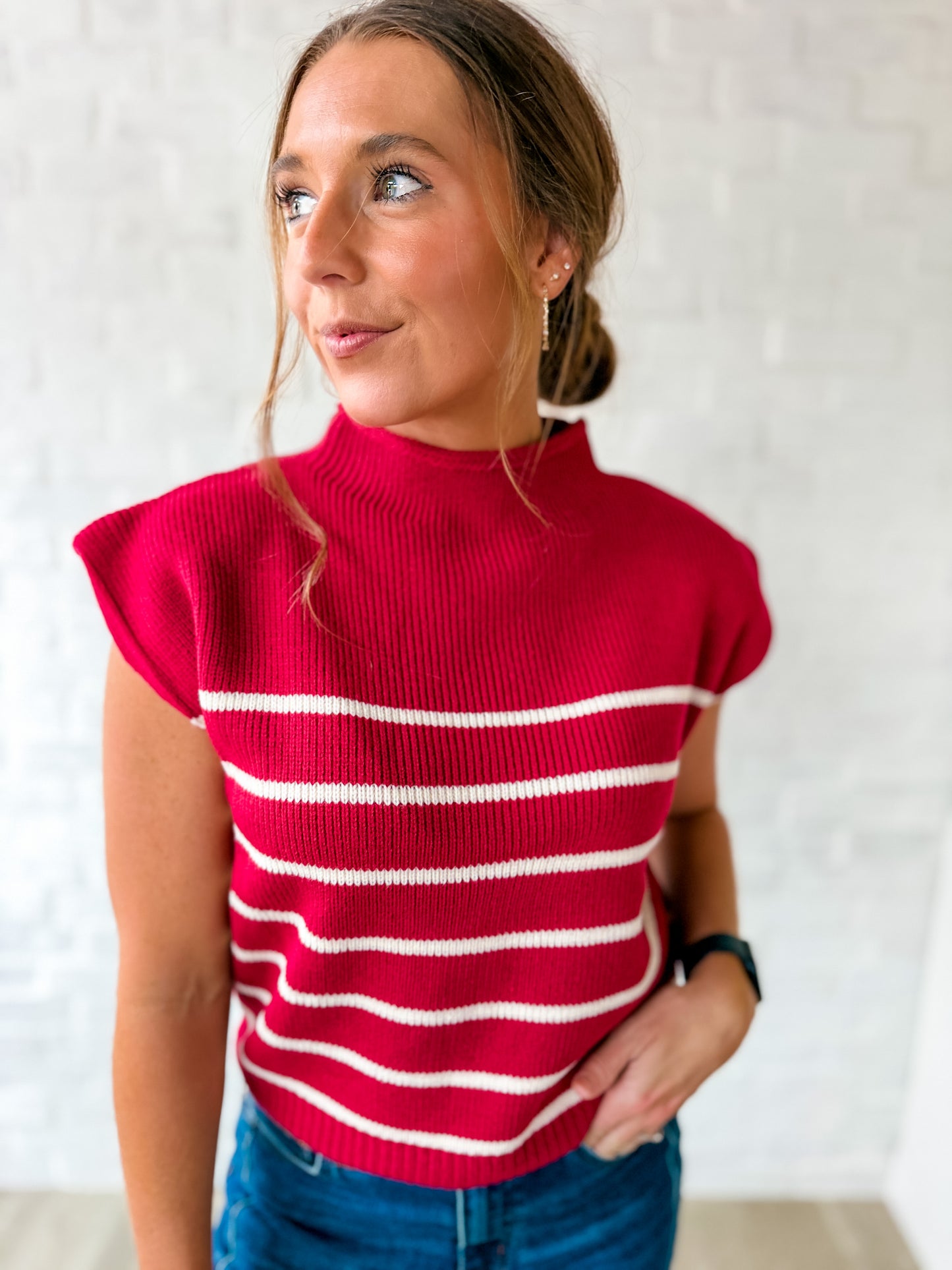Burgundy Stipe Mock Neck SS Sweater