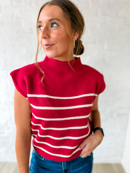 Burgundy Stipe Mock Neck SS Sweater
