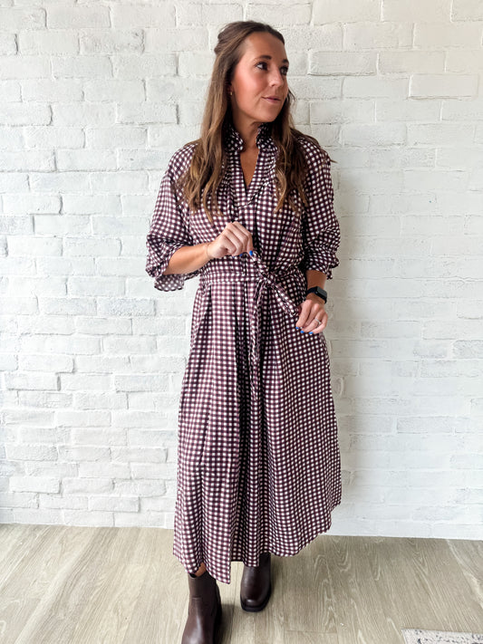 Burgundy Checkered Smocked Midi Dress