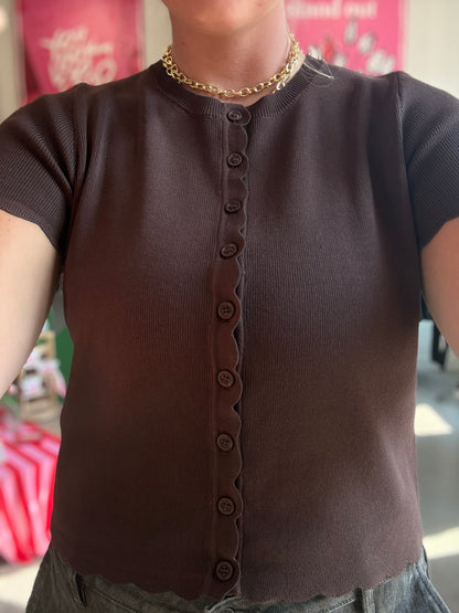 Brown Scalloped SS Button Cardigan