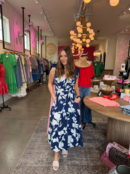 Navy Tiered Floral Midi Dress