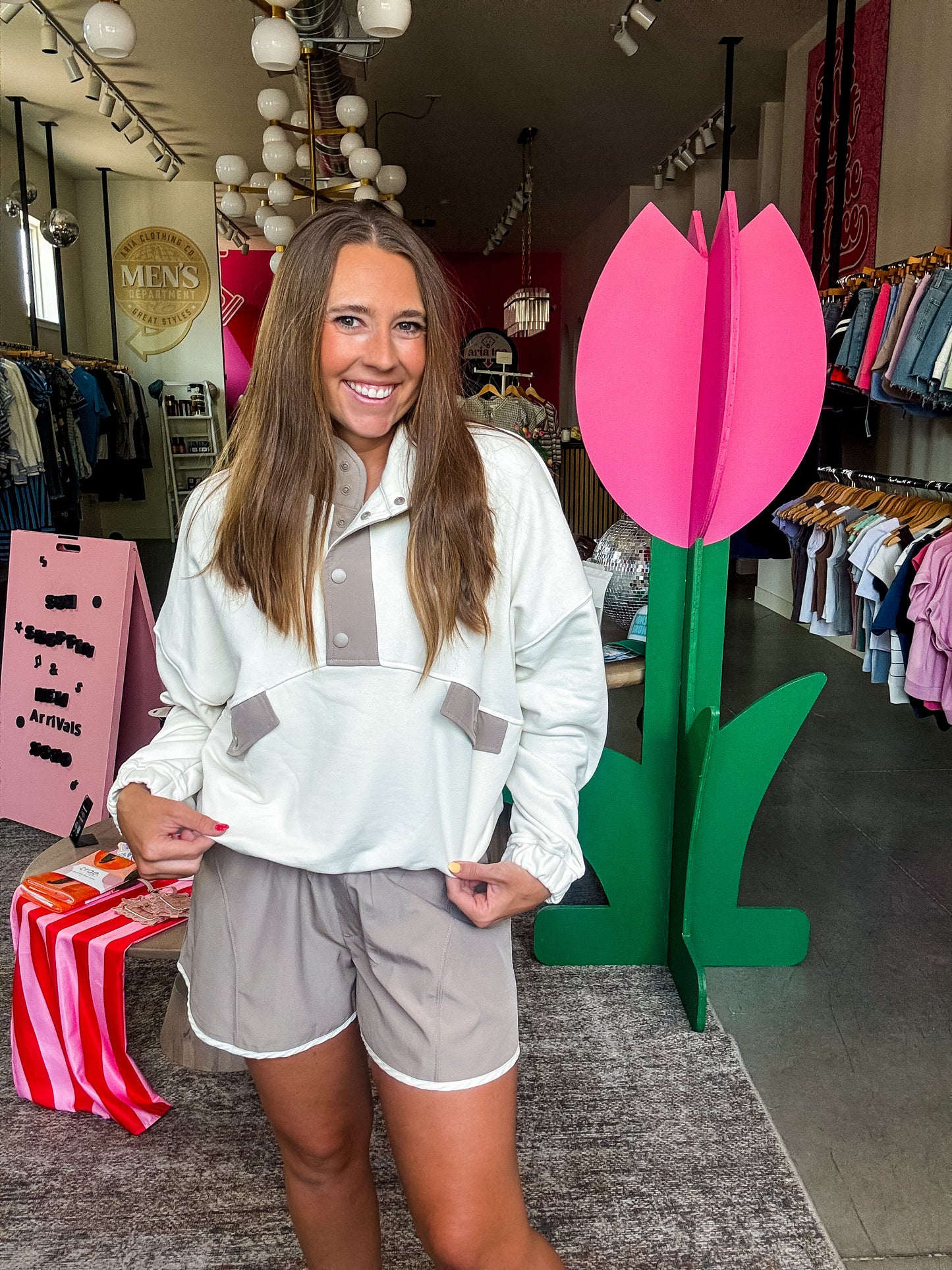 Taupe + Cream Pullover + Shorts Set