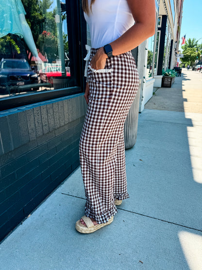 Brown Gingham Lace Ruffle Pants