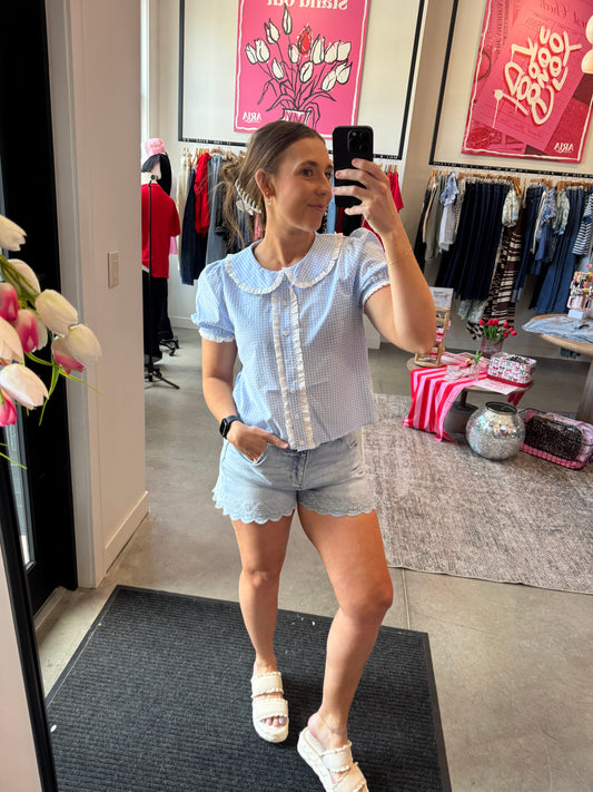 Blue Gingham Lace Blouse
