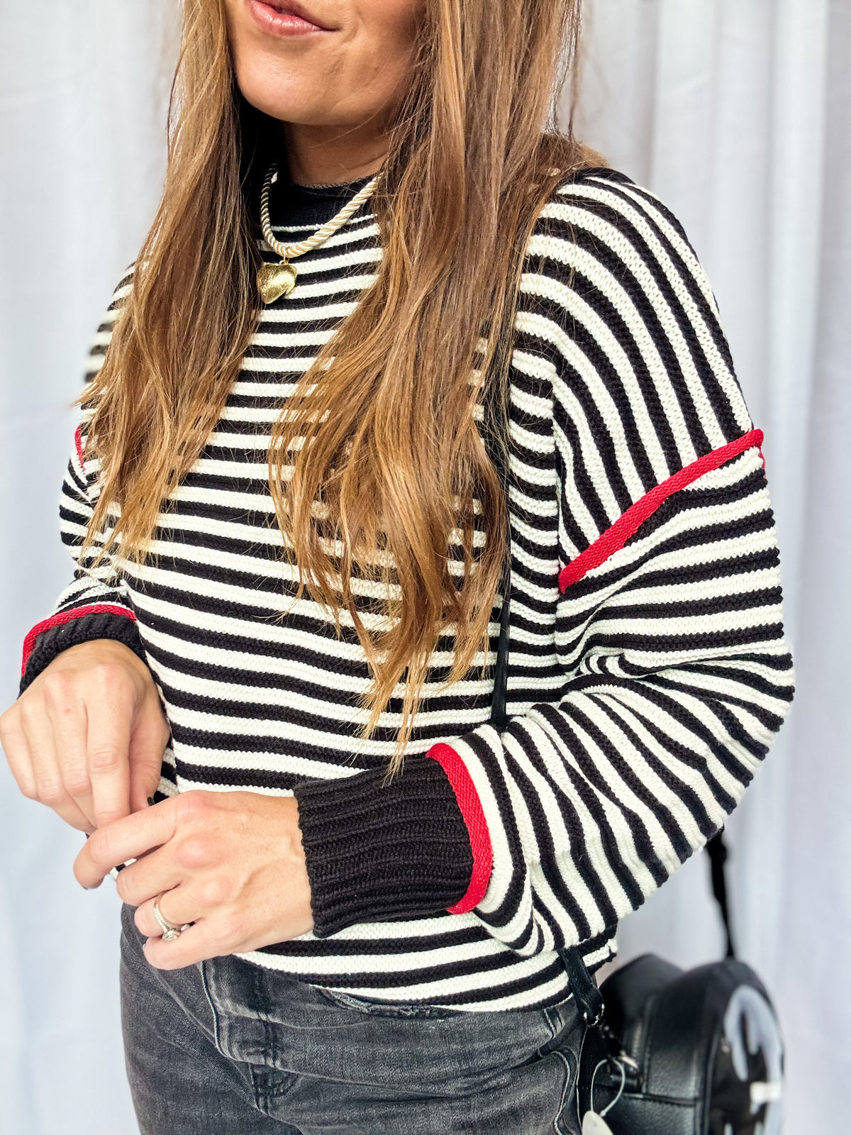 B+W Stripe Red Trim Sweater