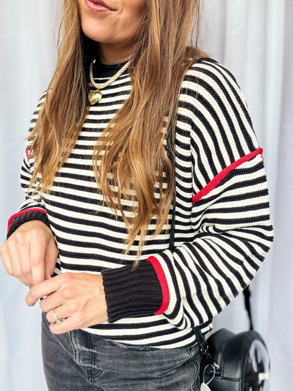 B+W Stripe Red Trim Sweater