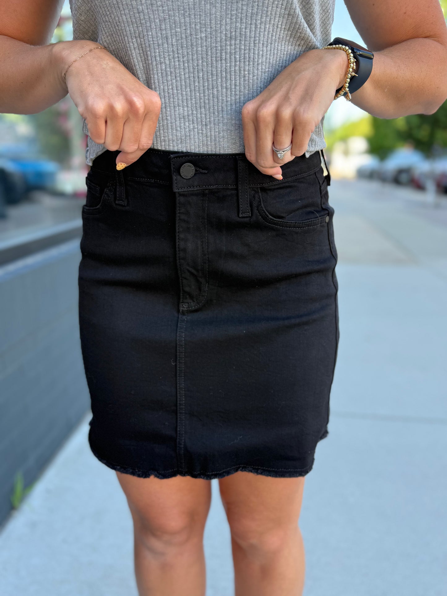 Black Denim Frayed Skirt