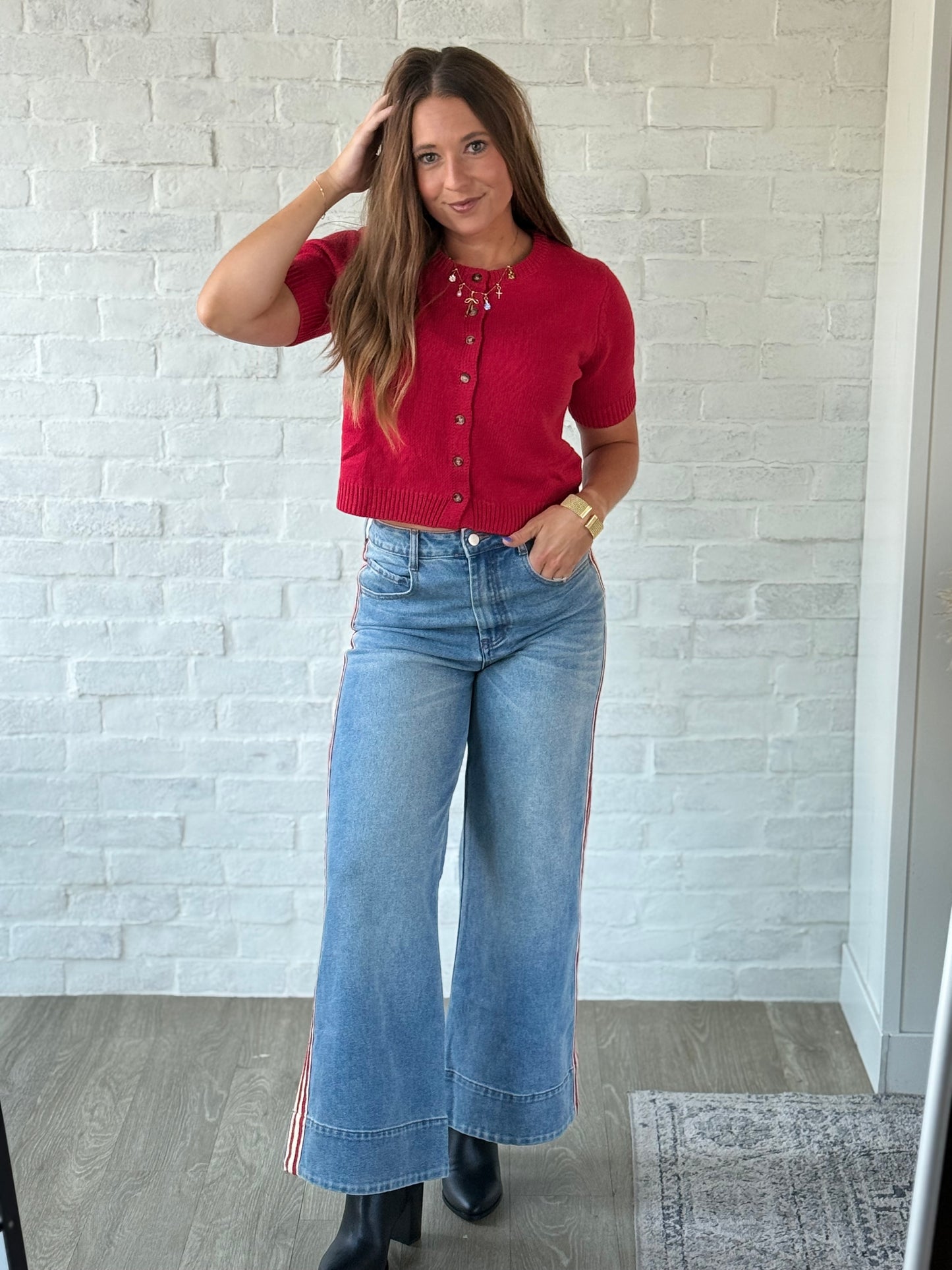 Red SS Button Sweater