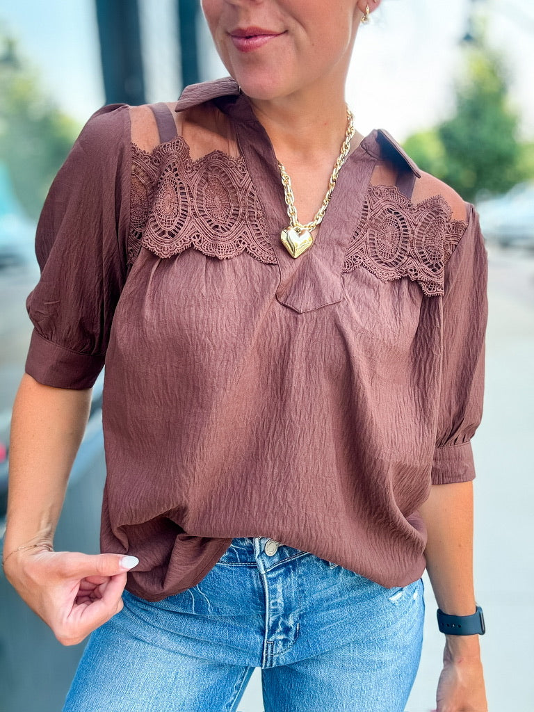 Brown Sheer Shoulder Blouse