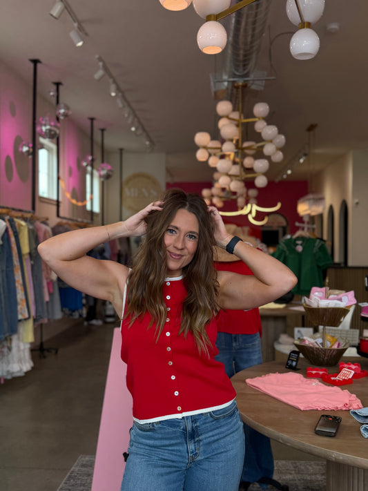 Red + White Trim Button Down Top