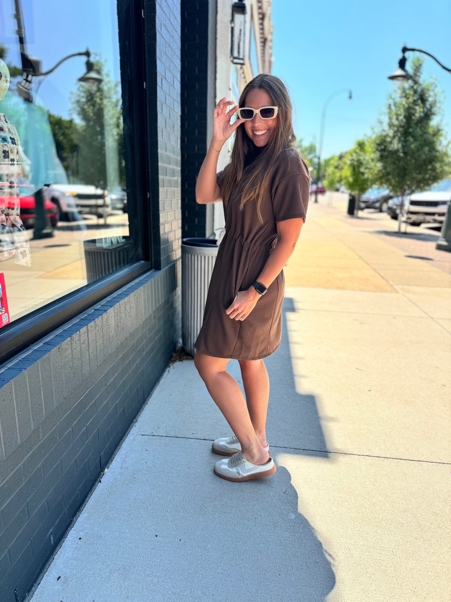 Brown Waist Tie Mini Dress