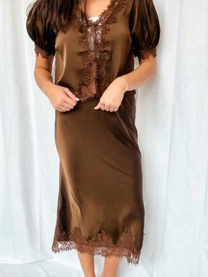 Brown Satin Lace Slip On Midi Skirt