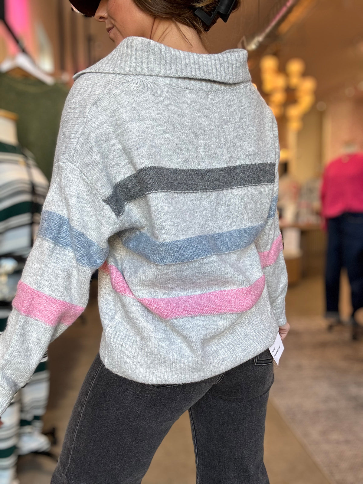 Gray Collared Multi Stripe Sweater