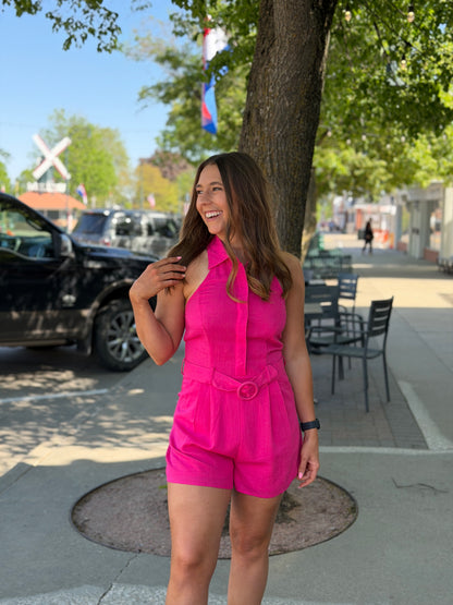 Pink Belted Halter Romper