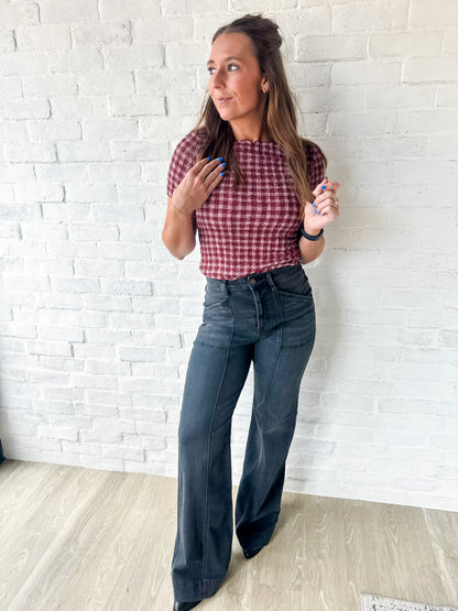Burgundy Gingham Textured Top