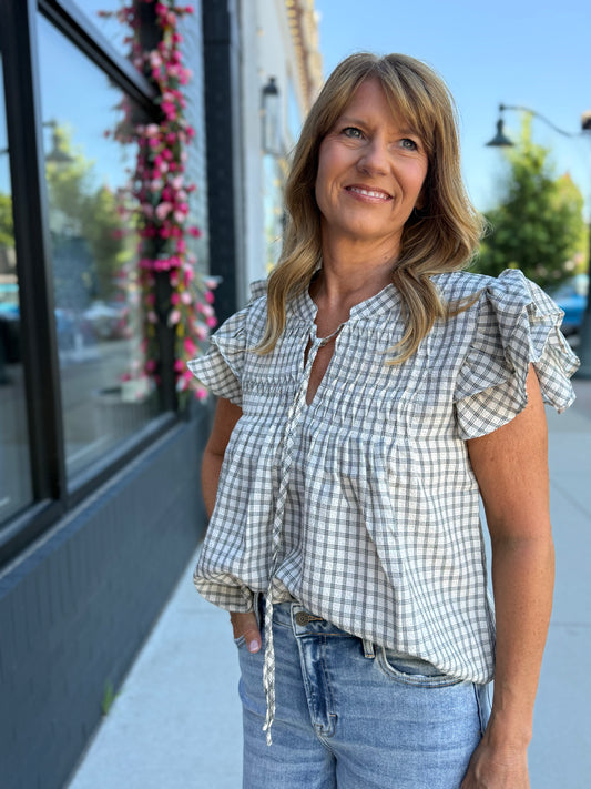 Taupe Gingham Ruffle Blouse