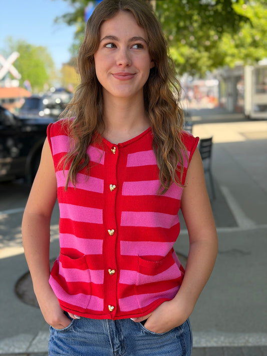 Red + Pink Stripe Button Top